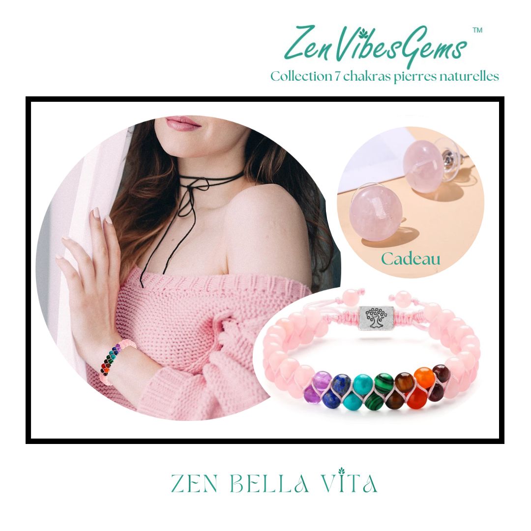 ZenVibesGems™ |  Ensemble bracelet 7 chakras ajustable et boucles d'oreilles