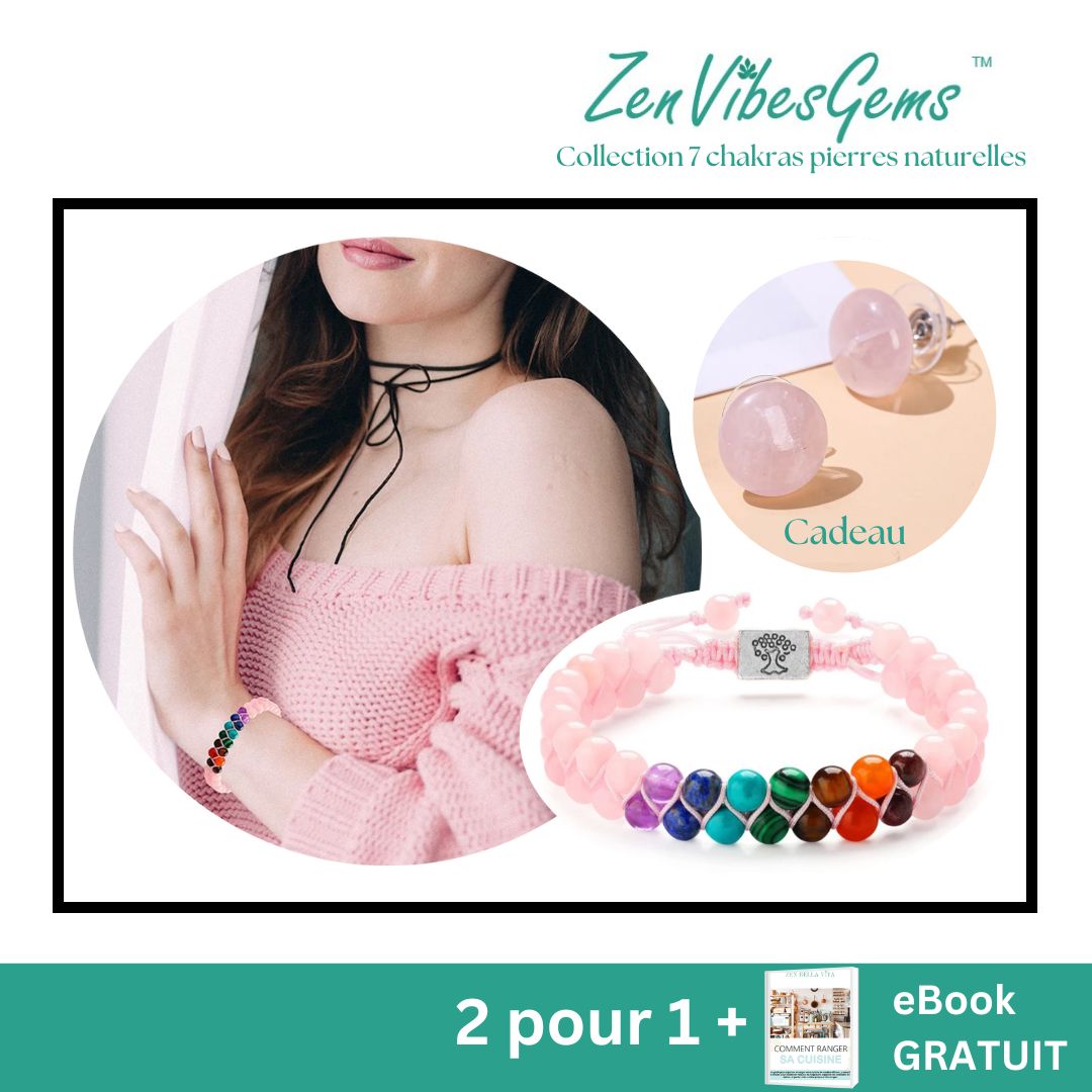 ZenVibesGems™ |  Ensemble bracelet 7 chakras ajustable et boucles d'oreilles