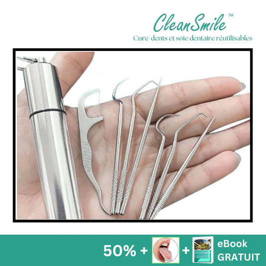 CleanSmile™ | Soins Quotidiens | Kit de 7 cure-dents et soie dentaire réutilisables | Acier inoxydable | Porte-clefs