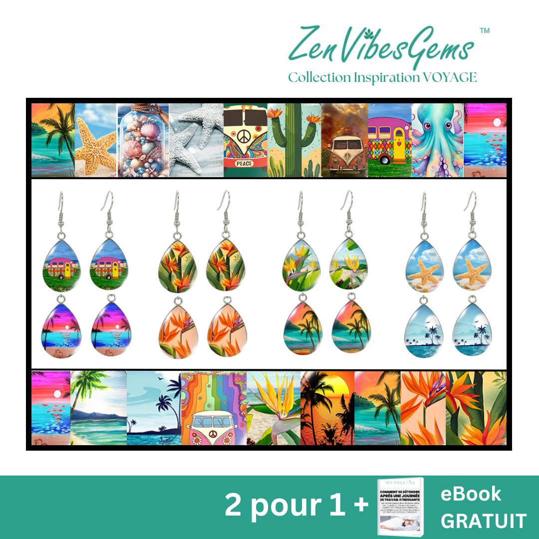 ZenVibesGems™ |  Boucles d'oreilles | Collection Inspiration VOYAGE™ | PLAGE, ÉTOILES DE MER, OISEAUX DU PARADIS, VAN