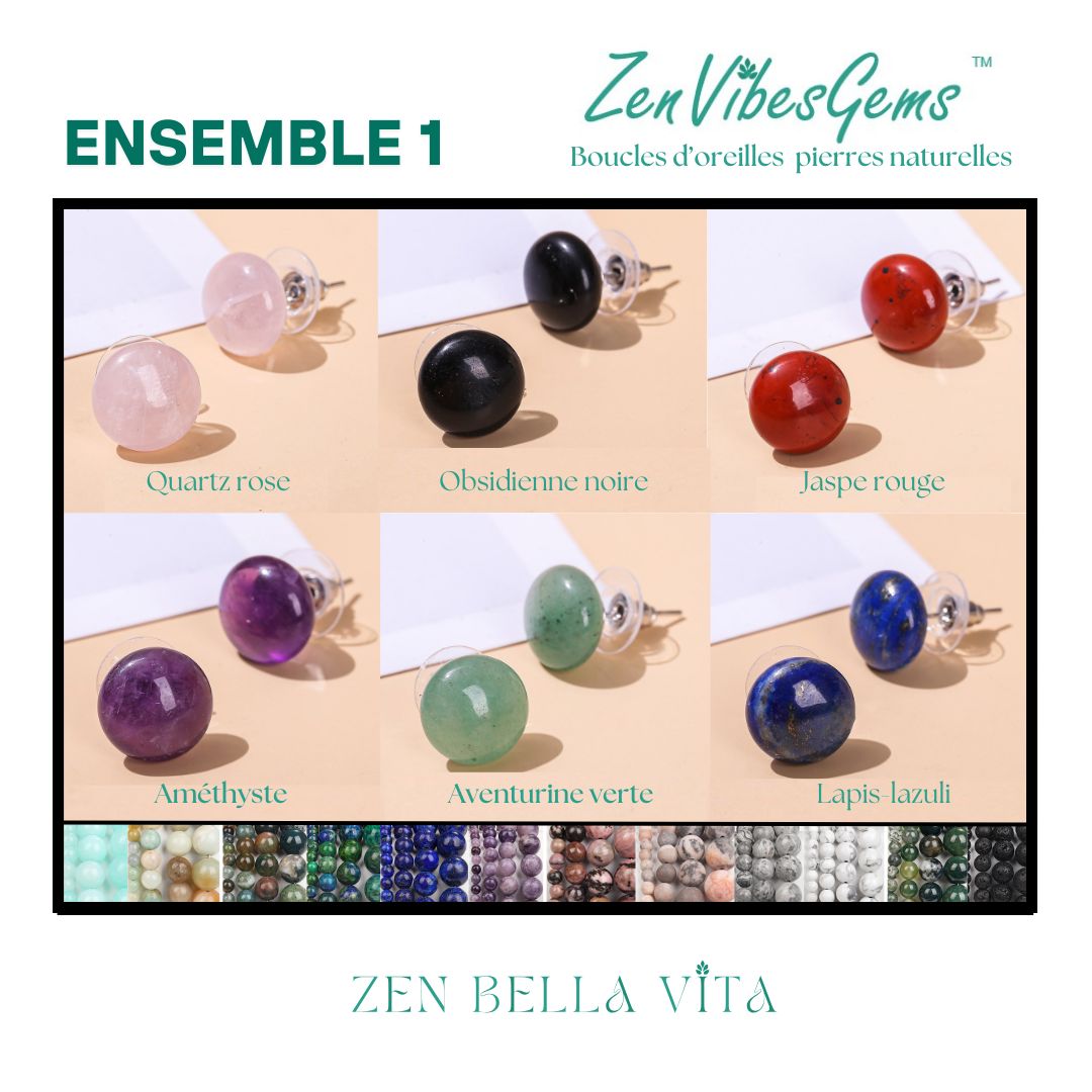 ZenVibesGems™ |  Boucles d'oreilles | Pierres naturelles | Bouton vintage clou