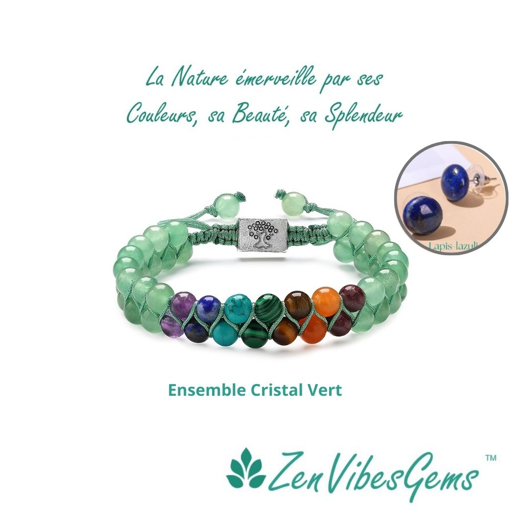 ZenVibesGems™ |  Ensemble bracelet 7 chakras ajustable et boucles d'oreilles
