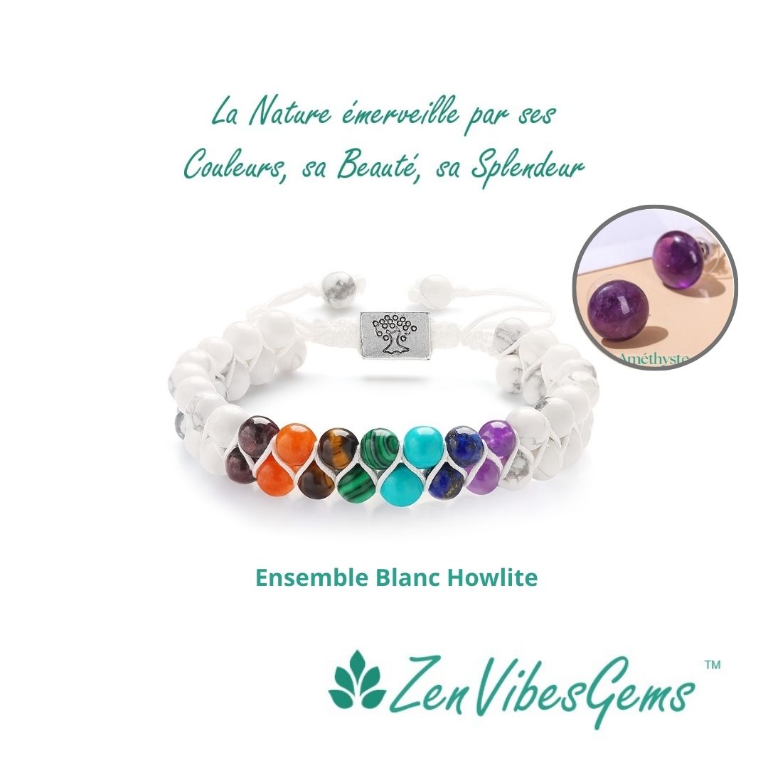 ZenVibesGems™ |  Ensemble bracelet 7 chakras ajustable et boucles d'oreilles