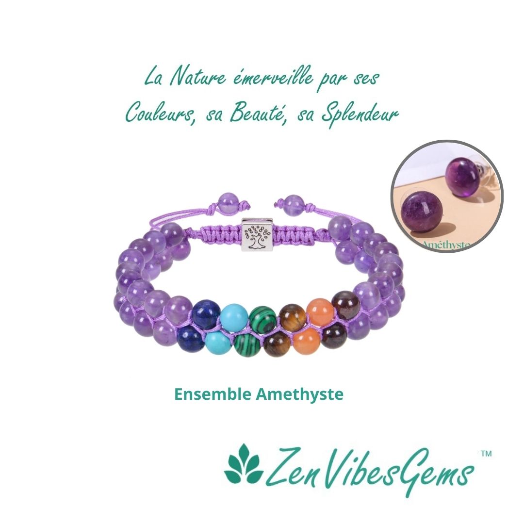 ZenVibesGems™ |  Ensemble bracelet 7 chakras ajustable et boucles d'oreilles