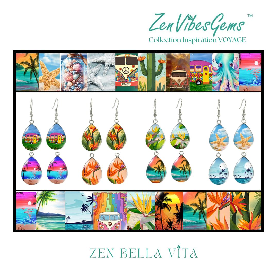 ZenVibesGems™ |  Boucles d'oreilles | Collection Inspiration VOYAGE™ | PLAGE, ÉTOILES DE MER, OISEAUX DU PARADIS, VAN