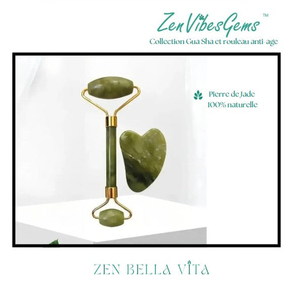 ZenVibesGems™ | Soins Quotidiens | Gua Sha et rouleau de jade anti-age | pierres naturelles