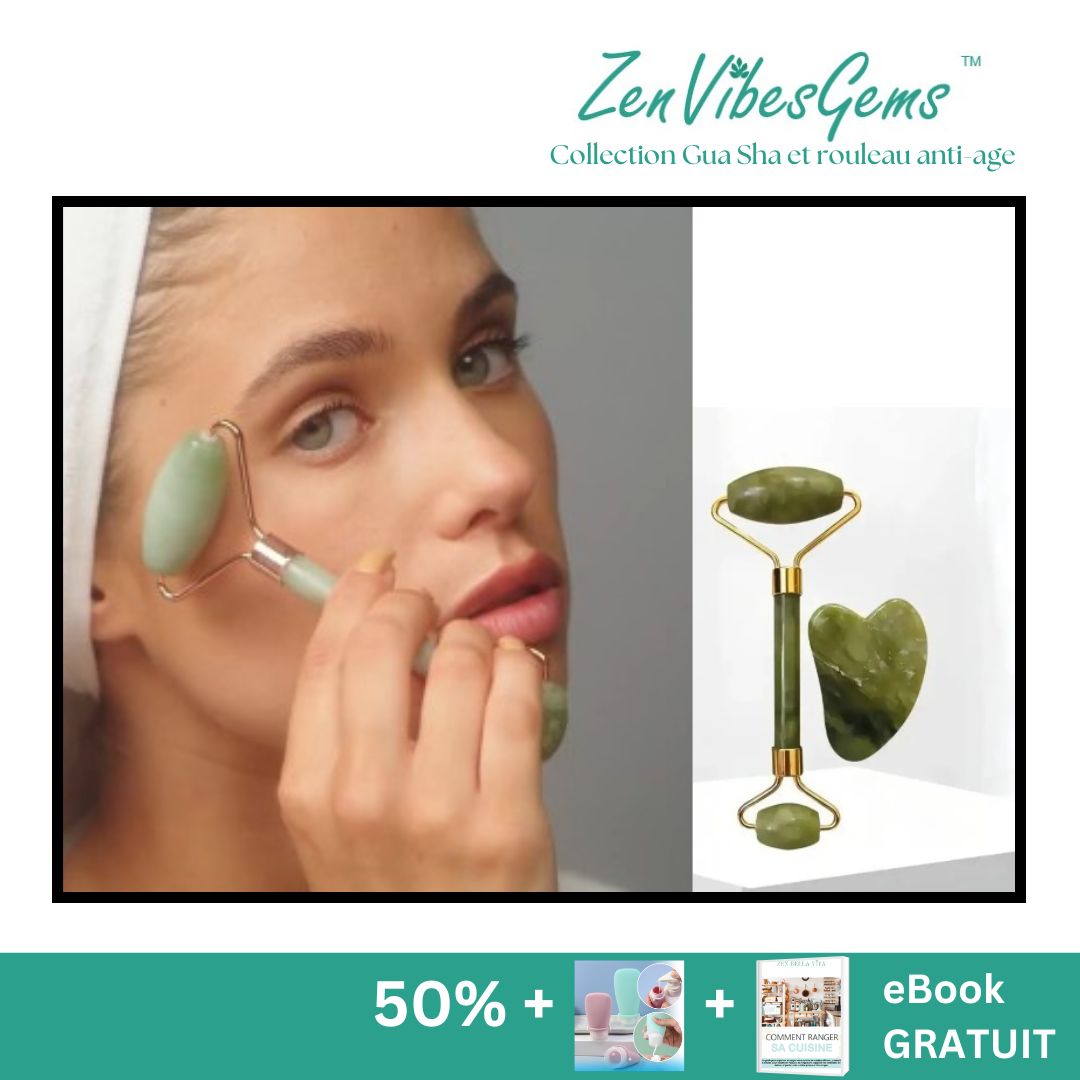 ZenVibesGems™ | Soins Quotidiens | Gua Sha et rouleau de jade anti-age | pierres naturelles
