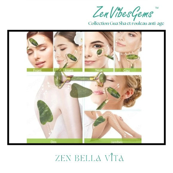 ZenVibesGems™ | Soins Quotidiens | Gua Sha et rouleau de jade anti-age | pierres naturelles