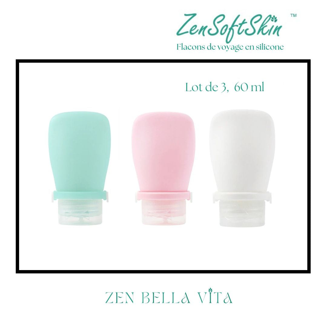 ZenSoftSkin™ | Soins Quotidiens | Flacons de voyage en silicone 60 ml (Lot de 3)