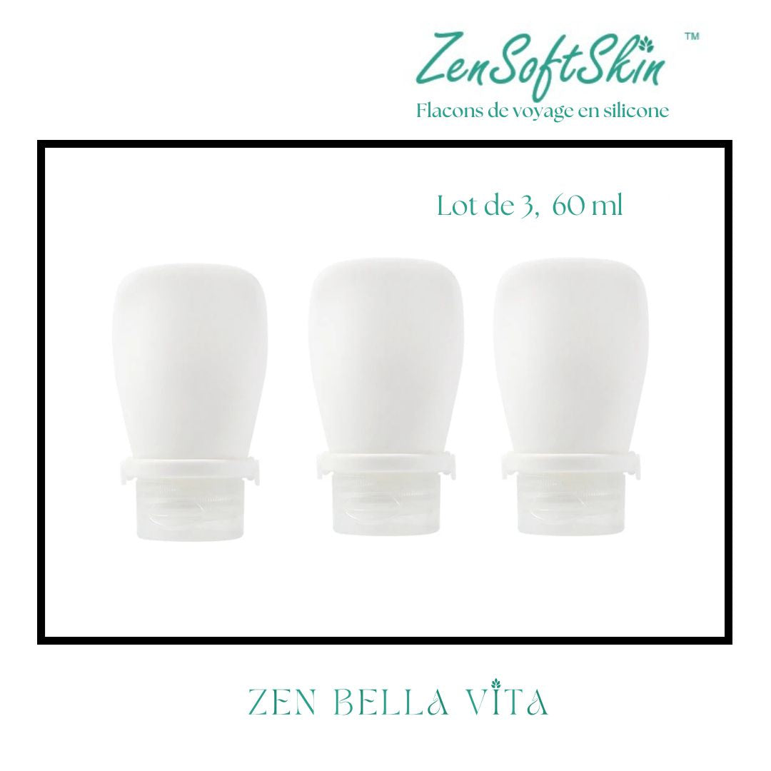 ZenSoftSkin™ | Soins Quotidiens | Flacons de voyage en silicone 60 ml (Lot de 3)