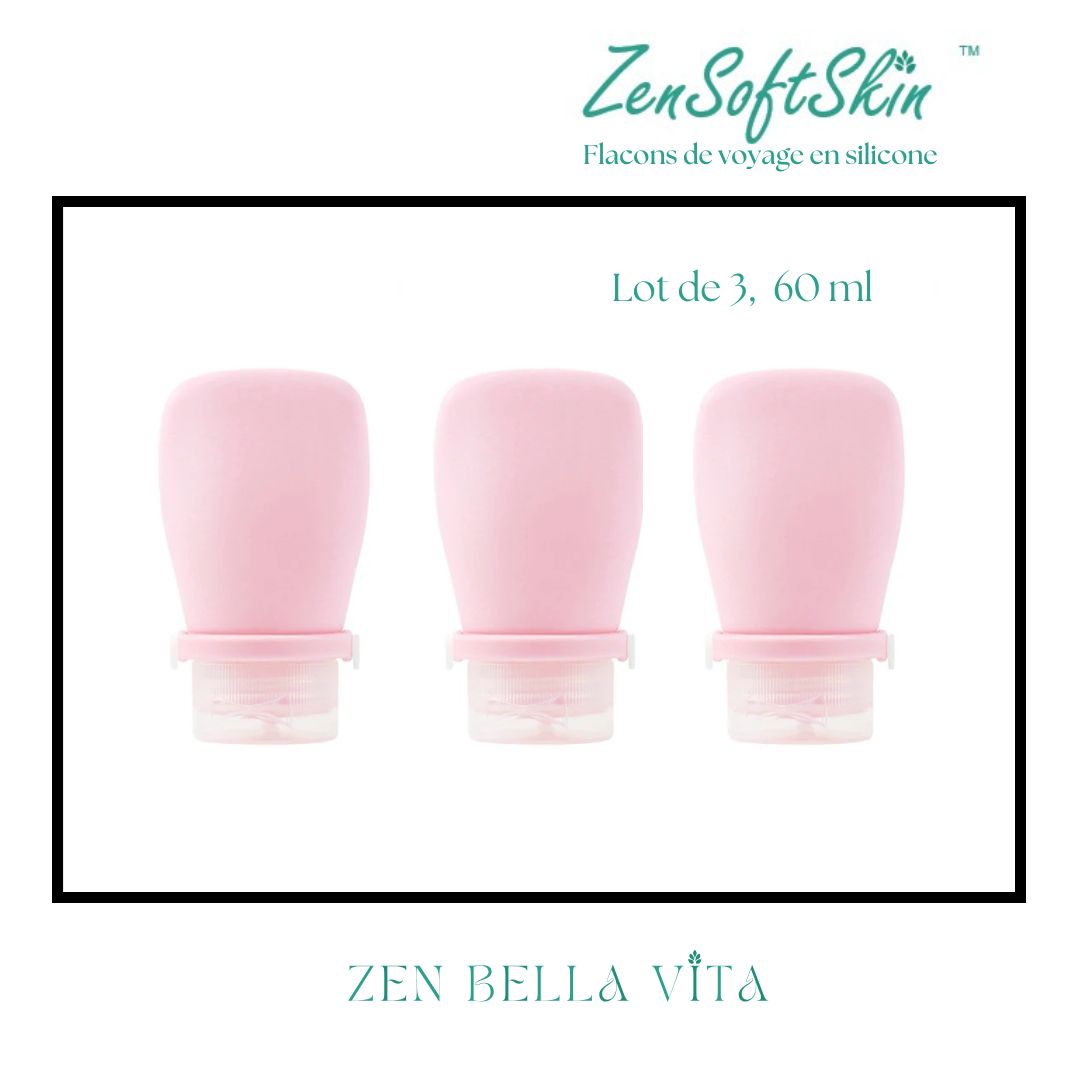 ZenSoftSkin™ | Soins Quotidiens | Flacons de voyage en silicone 60 ml (Lot de 3)